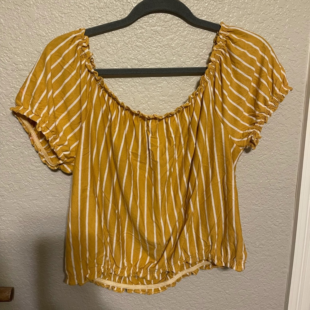 Yellow and white striped off the shoulder top